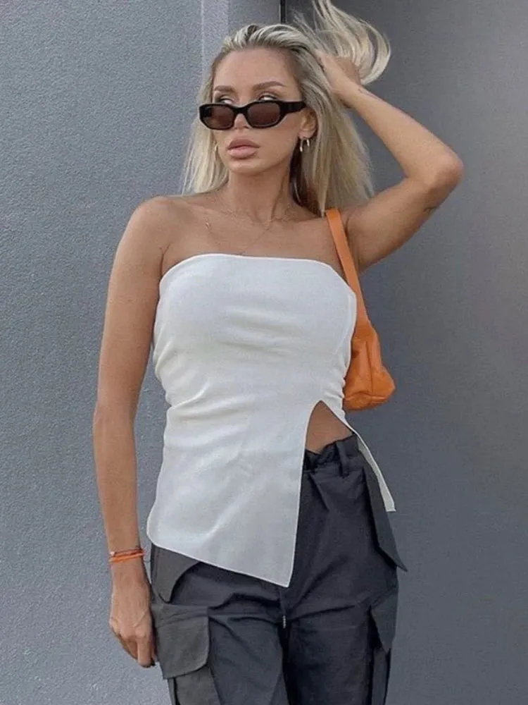 Toleet-Summer Knit Strapless White Tops Women Sexy Asymmetrical Split Black Tops Tanks High Street Women tops Y2K Short Tops T Shirts