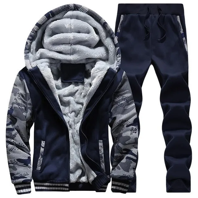 Tracksuit Men Sporting Fleece Thick Hooded Brand-Clothing Casual Track Suit Men Jacket Pant Warm Fur Inside Winter Sweatshirt