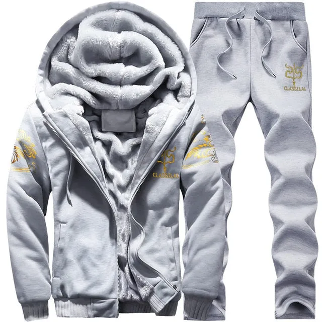 Tracksuit Men Sporting Fleece Thick Hooded Brand-Clothing Casual Track Suit Men Jacket Pant Warm Fur Inside Winter Sweatshirt