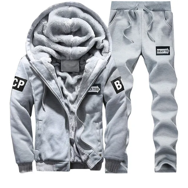 Tracksuit Men Sporting Fleece Thick Hooded Brand-Clothing Casual Track Suit Men Jacket Pant Warm Fur Inside Winter Sweatshirt