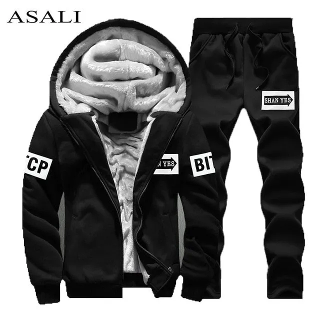 Tracksuit Men Sporting Fleece Thick Hooded Brand-Clothing Casual Track Suit Men Jacket Pant Warm Fur Inside Winter Sweatshirt