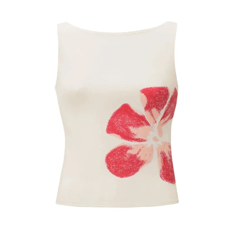 Vevesc Flower Print Slim Fitted Crop Tops Vintage Sleeveless Casual Vest Shirt Women Summer Tank Tops Female Fashion Party Club Clothes