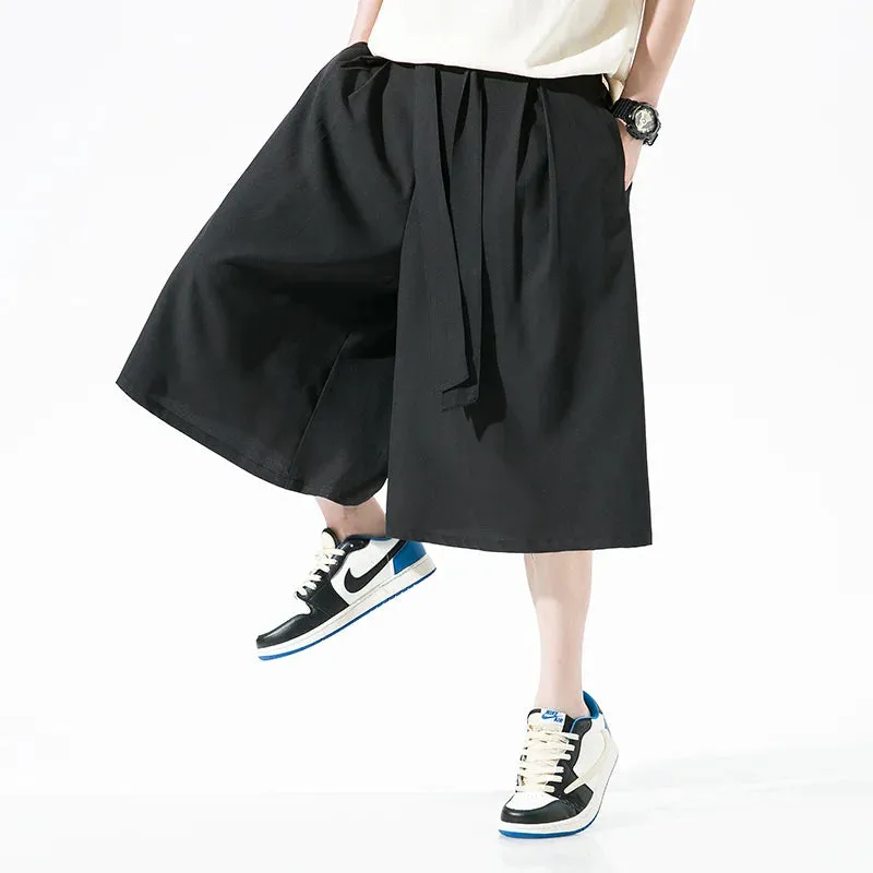 Wiaofellas  -  Chinese Traditional Dress Plus Size Ice Silk Wide Pants Men Clothing Summer Casual Straight Cropped Pants Oversized Pants Male