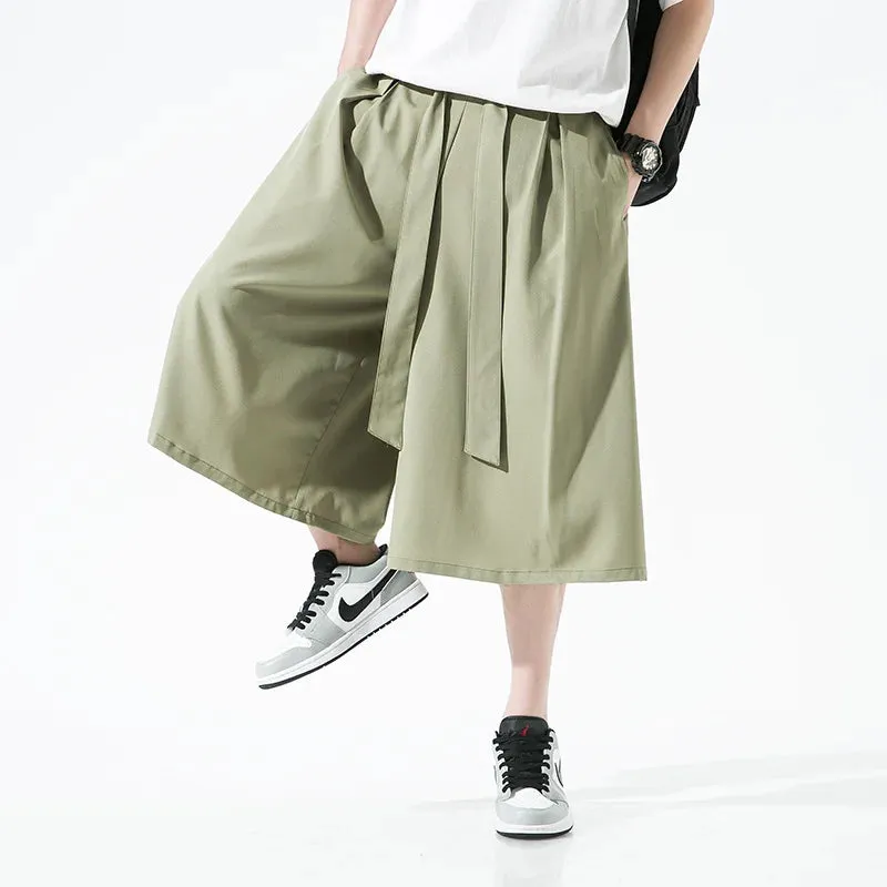 Wiaofellas  -  Chinese Traditional Dress Plus Size Ice Silk Wide Pants Men Clothing Summer Casual Straight Cropped Pants Oversized Pants Male