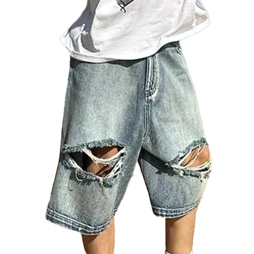 Wiaofellas  -  Spring Summer Fashion Trend Thin Wide-Leg Loose Mid-Pant Shorts American Street Hip-Hop Ripped Distressed Y2k Jeans For Men