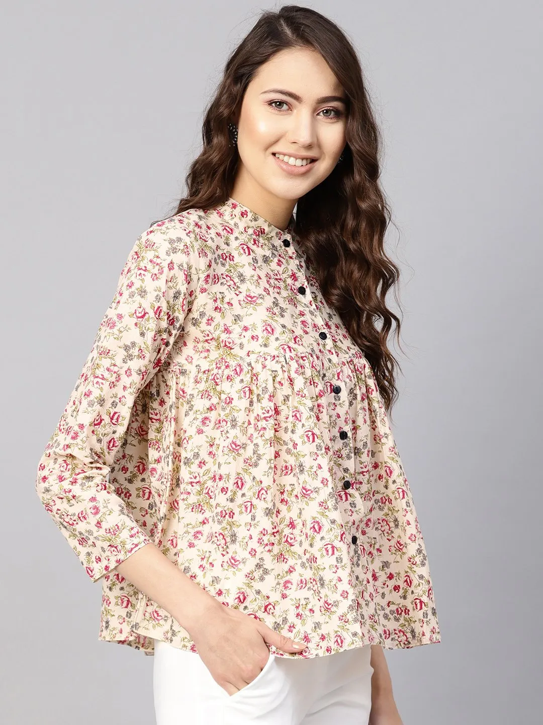 Women Beige & Pink Printed Shirt Style Top