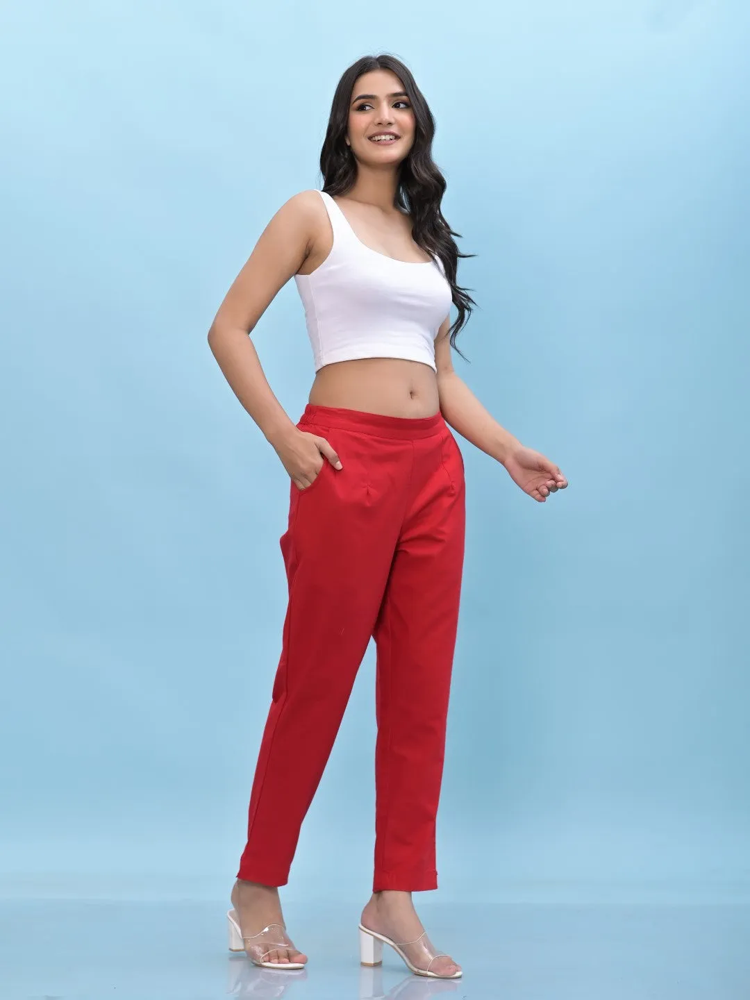 Women Red Solid Cotton Pants With Partially Elasticated Waistband And Two Side Pockets