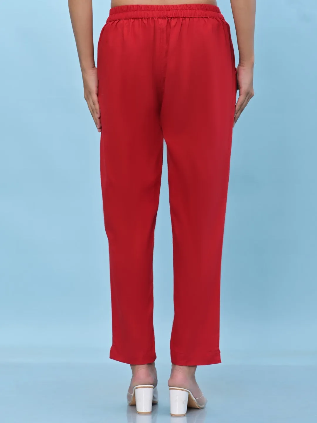 Women Red Solid Cotton Pants With Partially Elasticated Waistband And Two Side Pockets