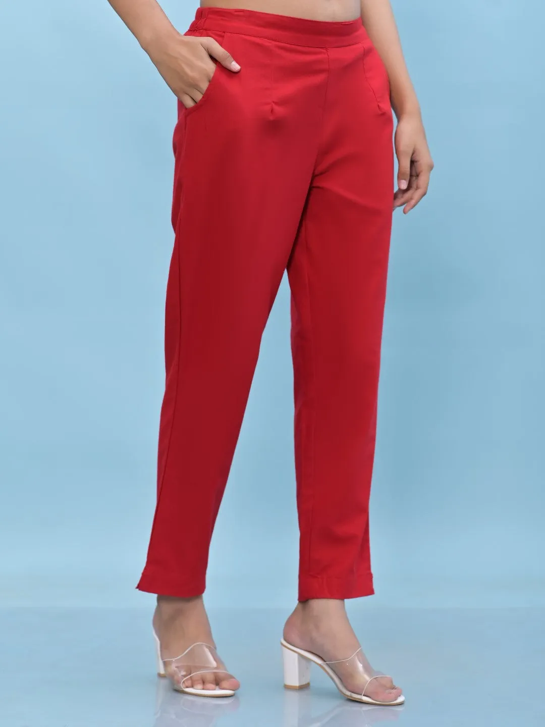 Women Red Solid Cotton Pants With Partially Elasticated Waistband And Two Side Pockets