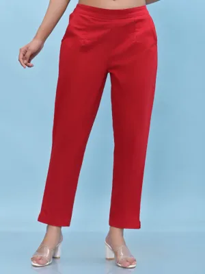 Women Red Solid Cotton Pants With Partially Elasticated Waistband And Two Side Pockets