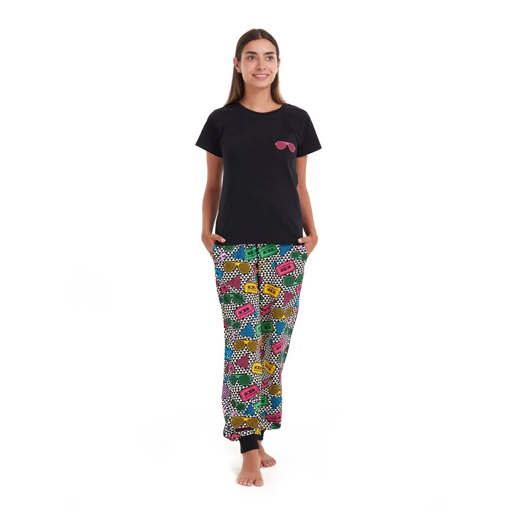 Women summer pajama set Black T-shirt   Retro pants