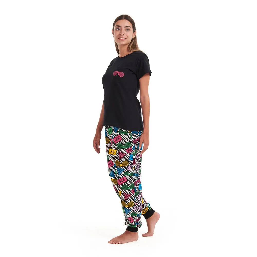 Women summer pajama set Black T-shirt   Retro pants