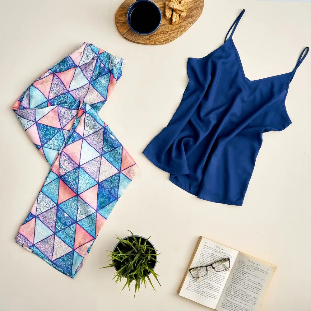 Women summer pajama set Dark Blue top  Triangle Pants