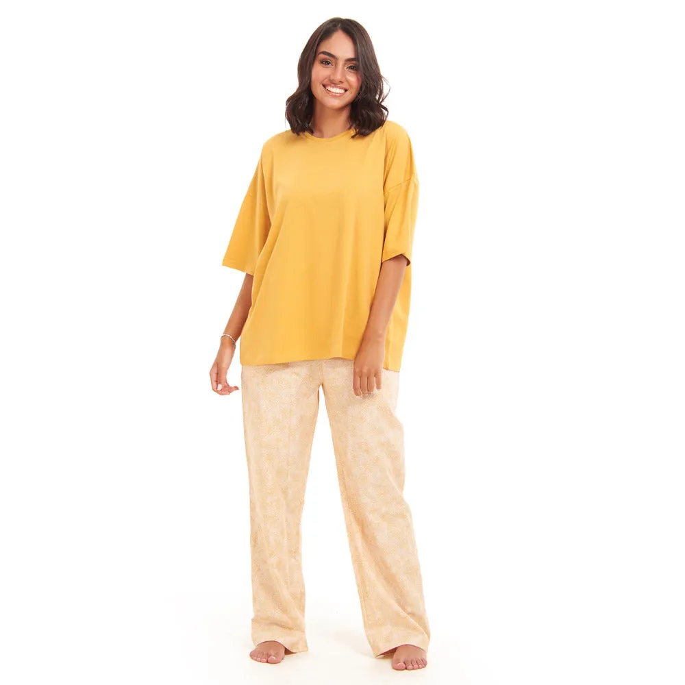 Women summer pajama set Golden Yellow Oversized top   Golden FLowers Outlines pants