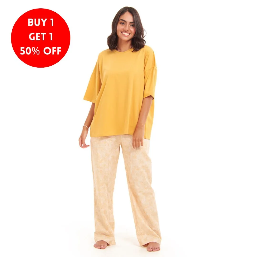 Women summer pajama set Golden Yellow Oversized top   Golden FLowers Outlines pants