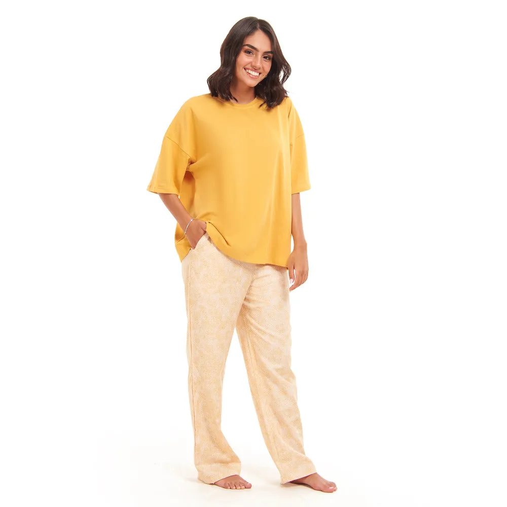 Women summer pajama set Golden Yellow Oversized top   Golden FLowers Outlines pants