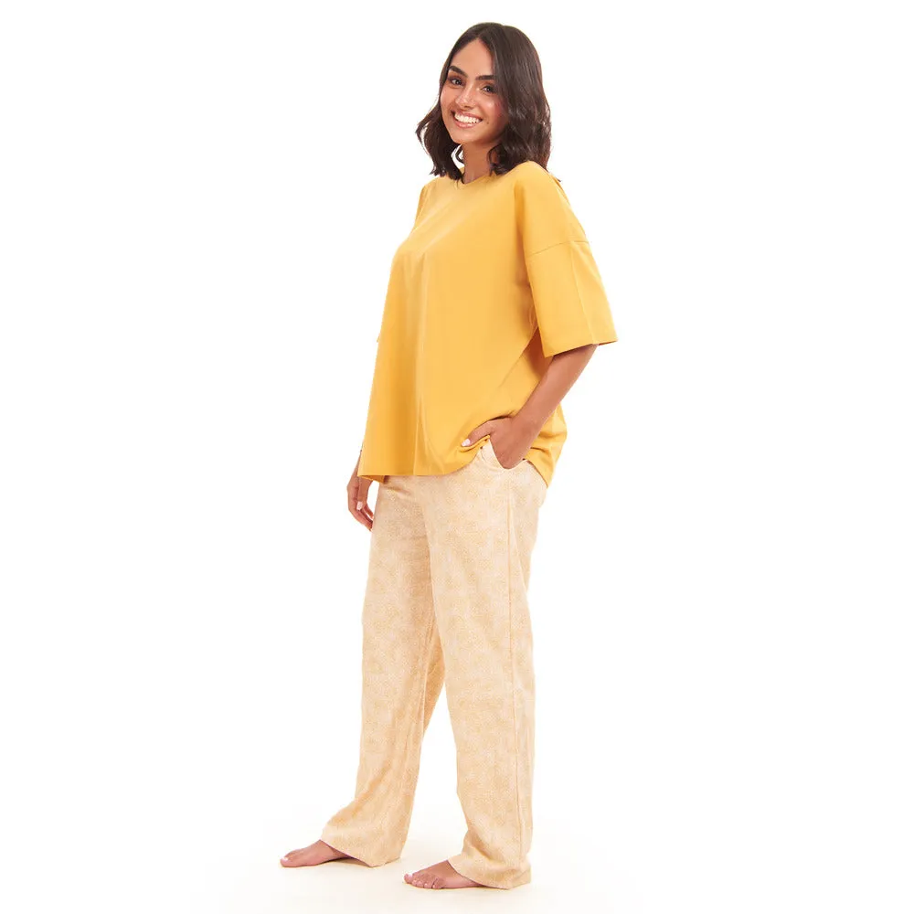 Women summer pajama set Golden Yellow Oversized top   Golden FLowers Outlines pants