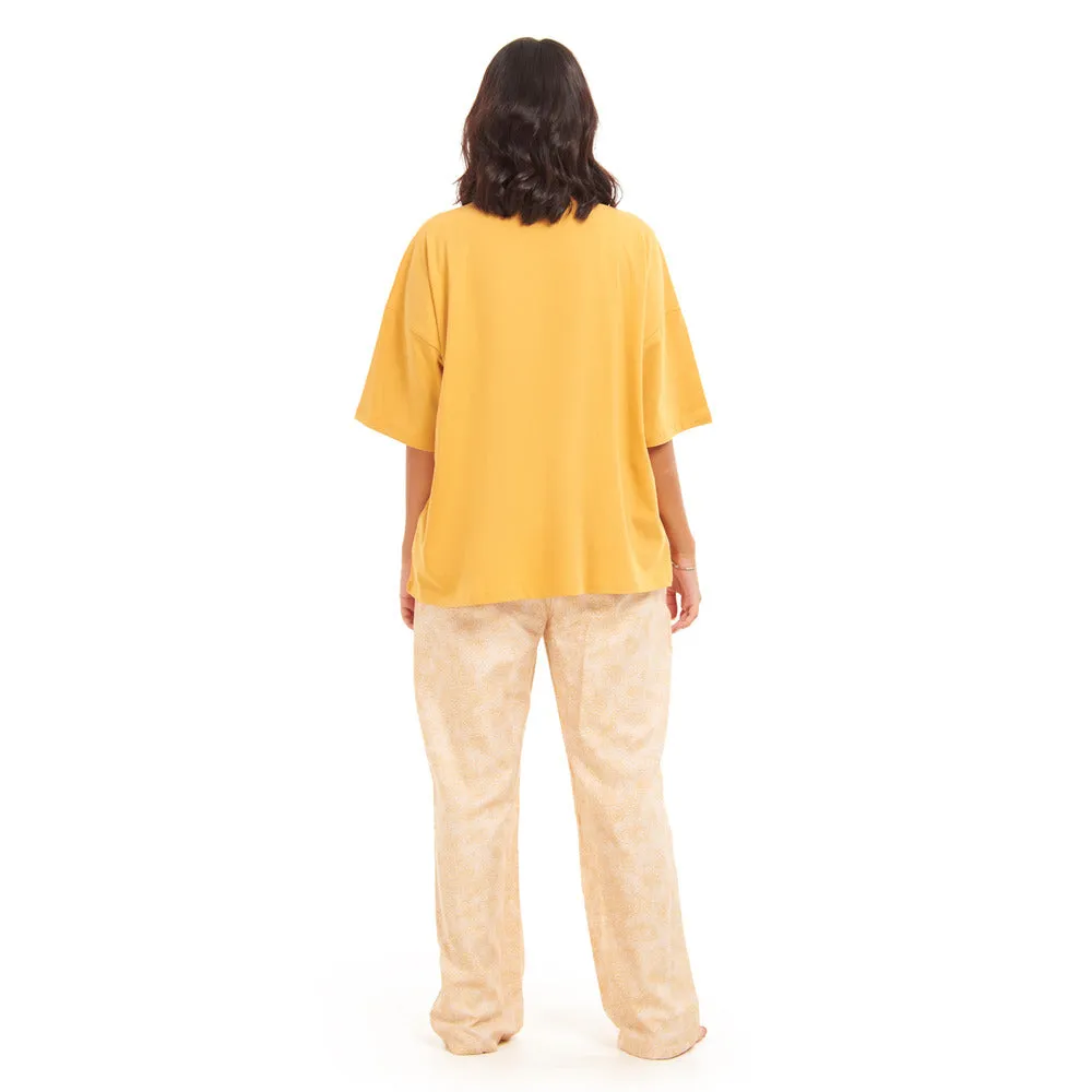 Women summer pajama set Golden Yellow Oversized top   Golden FLowers Outlines pants