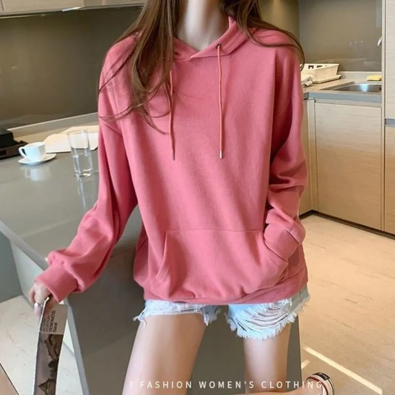 Women Sweatshirts Casual Fall Cotton Gray Hoodies Long Sleeve Loose Korean Loose Simple Hooded Coat Fashion Female Tops