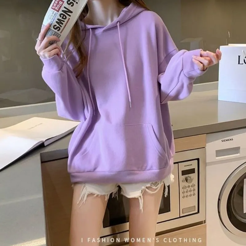 Women Sweatshirts Casual Fall Cotton Gray Hoodies Long Sleeve Loose Korean Loose Simple Hooded Coat Fashion Female Tops