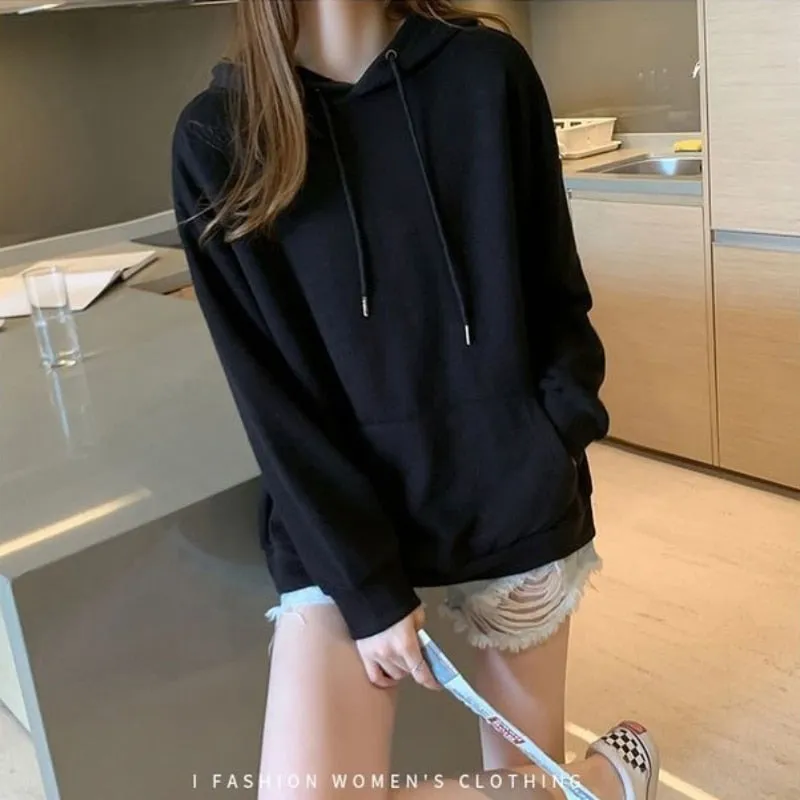 Women Sweatshirts Casual Fall Cotton Gray Hoodies Long Sleeve Loose Korean Loose Simple Hooded Coat Fashion Female Tops