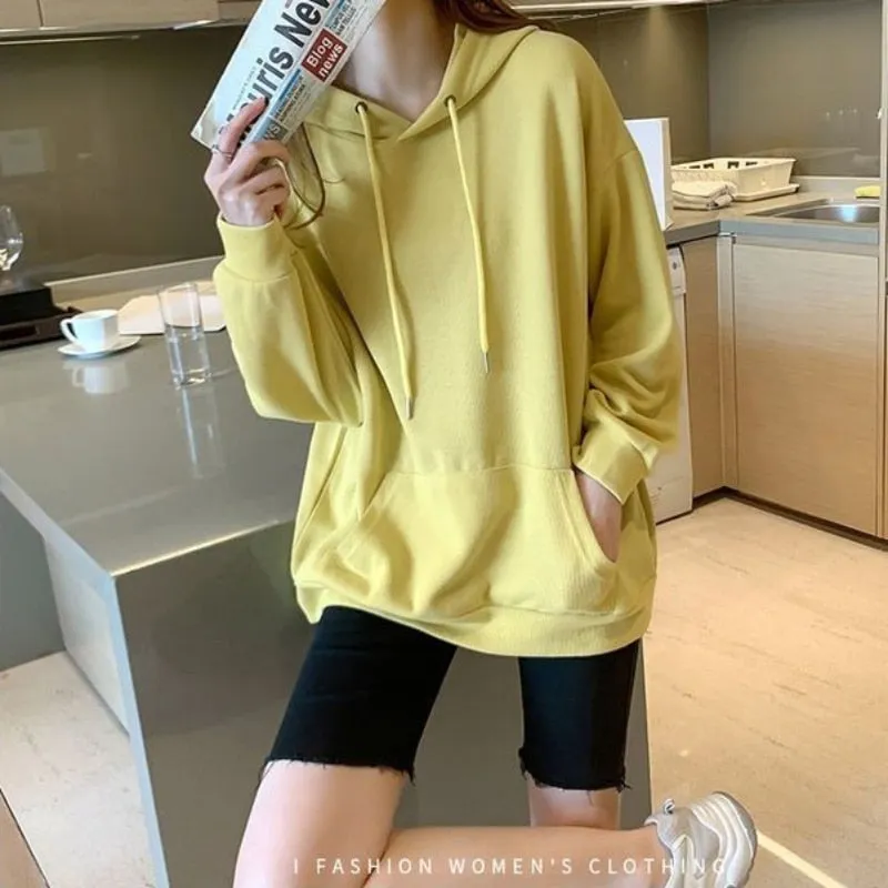 Women Sweatshirts Casual Fall Cotton Gray Hoodies Long Sleeve Loose Korean Loose Simple Hooded Coat Fashion Female Tops