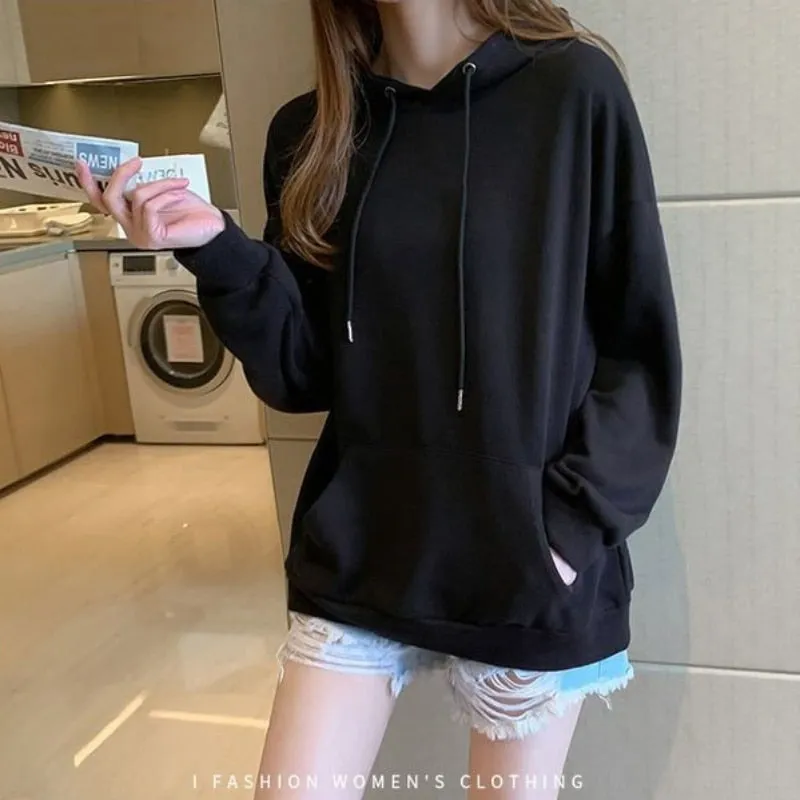 Women Sweatshirts Casual Fall Cotton Gray Hoodies Long Sleeve Loose Korean Loose Simple Hooded Coat Fashion Female Tops