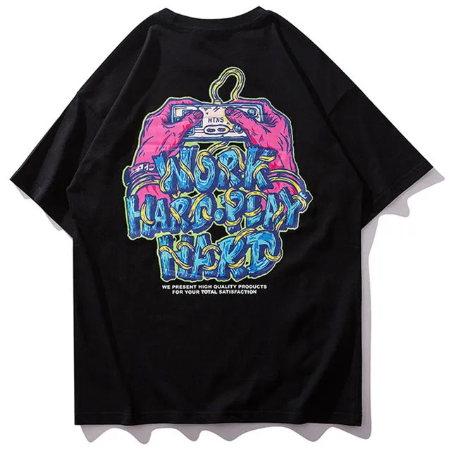 Work Hard Play Hard Printed Hip Hop Streetwear Loose Tees