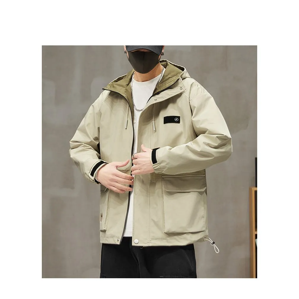 Workwear Style Patch Pocket Patchwork Windproof Raincoat Hooded Jacket