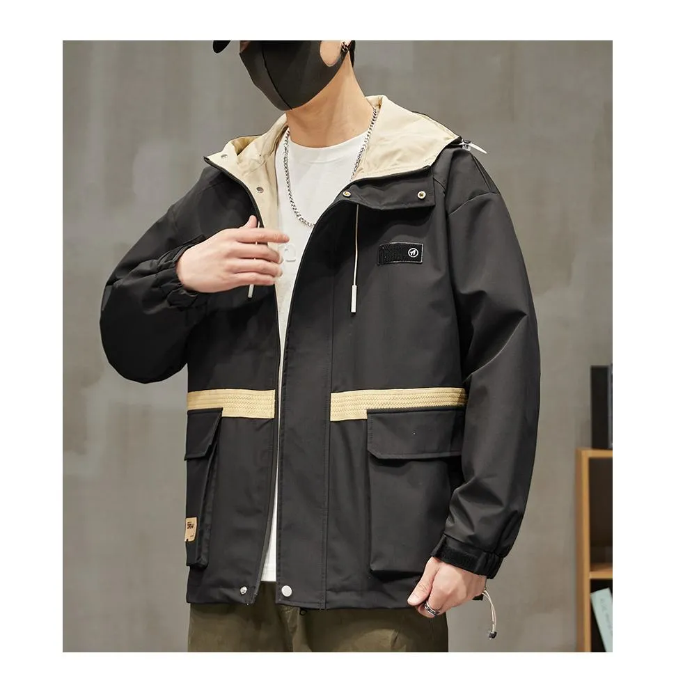 Workwear Style Patch Pocket Patchwork Windproof Raincoat Hooded Jacket