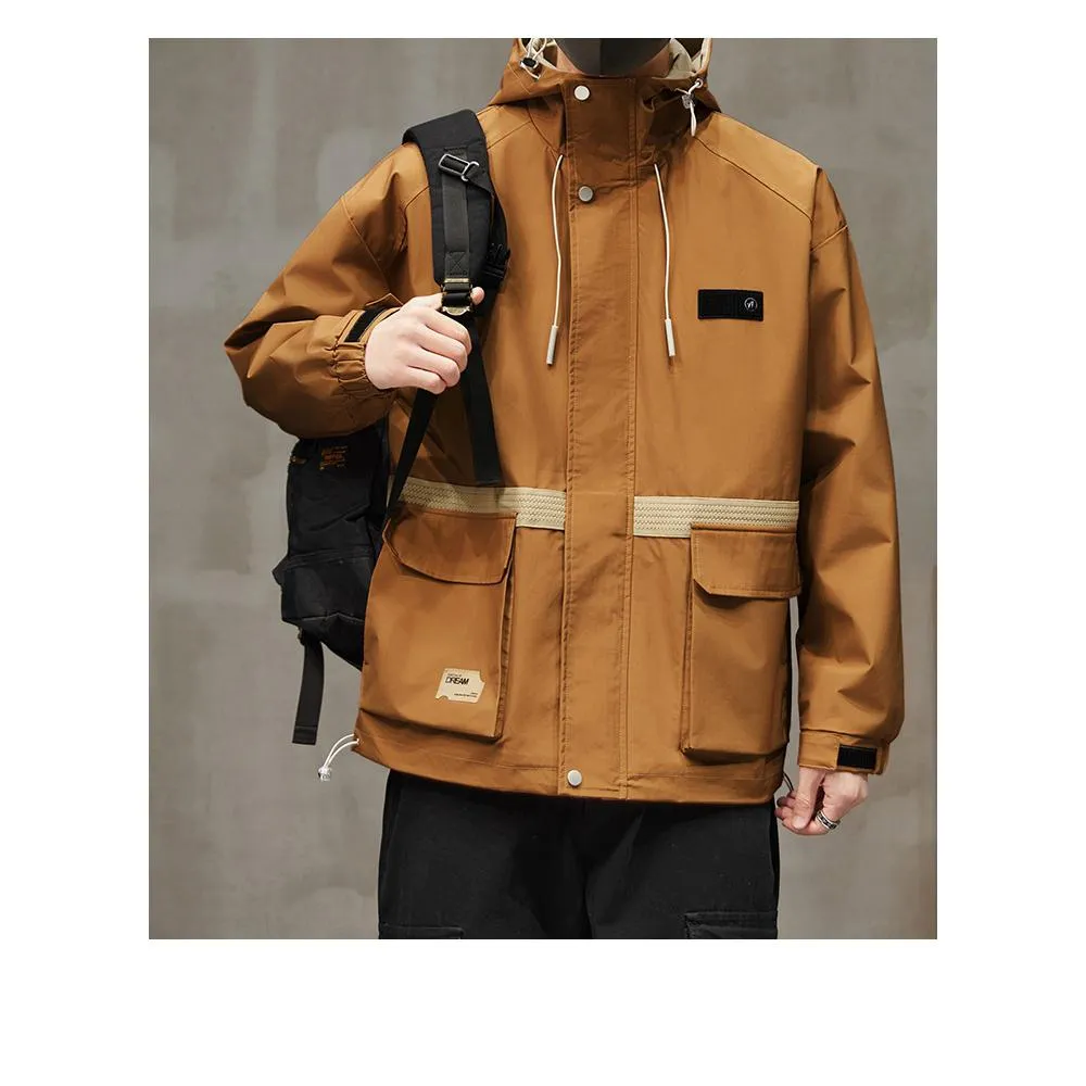 Workwear Style Patch Pocket Patchwork Windproof Raincoat Hooded Jacket