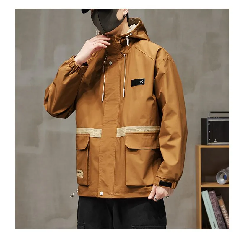 Workwear Style Patch Pocket Patchwork Windproof Raincoat Hooded Jacket