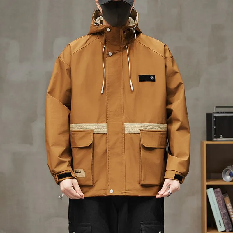 Workwear Style Patch Pocket Patchwork Windproof Raincoat Hooded Jacket