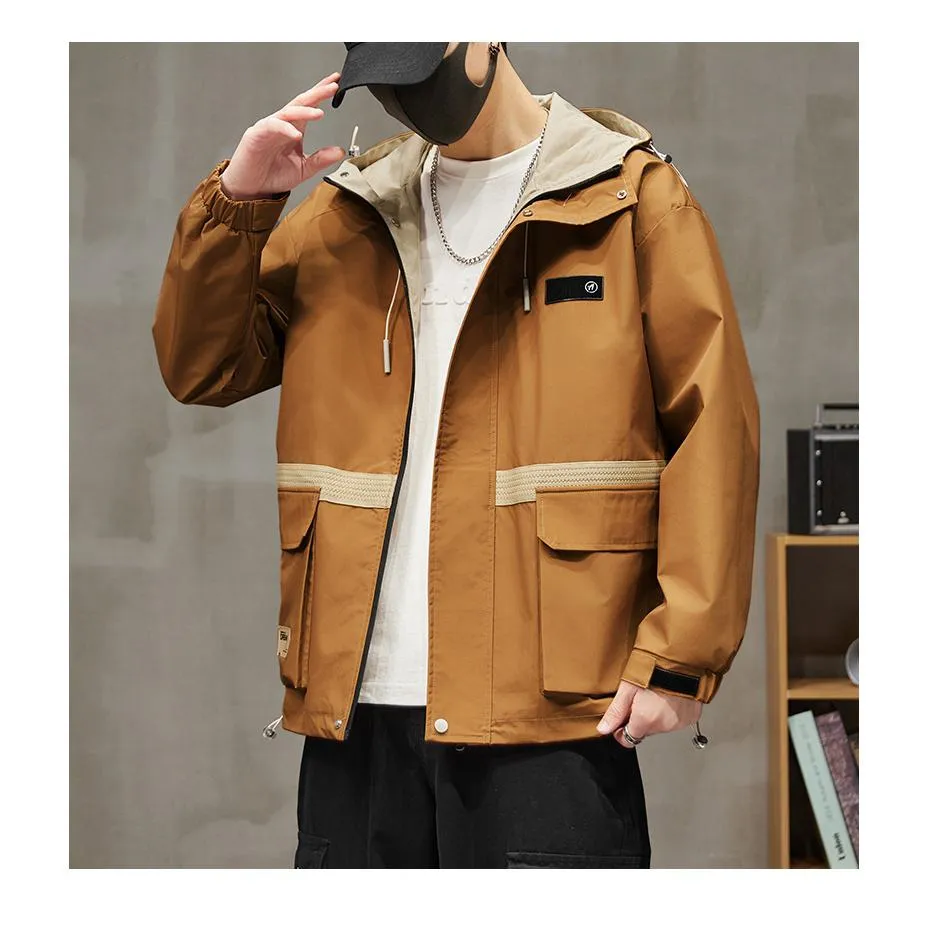 Workwear Style Patch Pocket Patchwork Windproof Raincoat Hooded Jacket