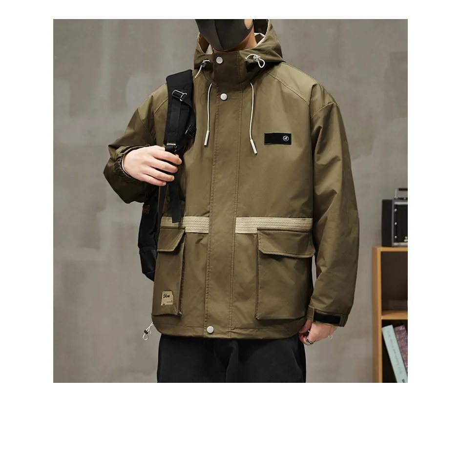 Workwear Style Patch Pocket Patchwork Windproof Raincoat Hooded Jacket