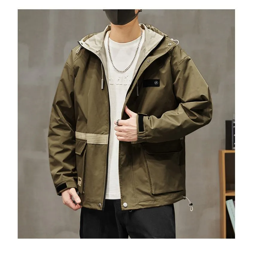 Workwear Style Patch Pocket Patchwork Windproof Raincoat Hooded Jacket