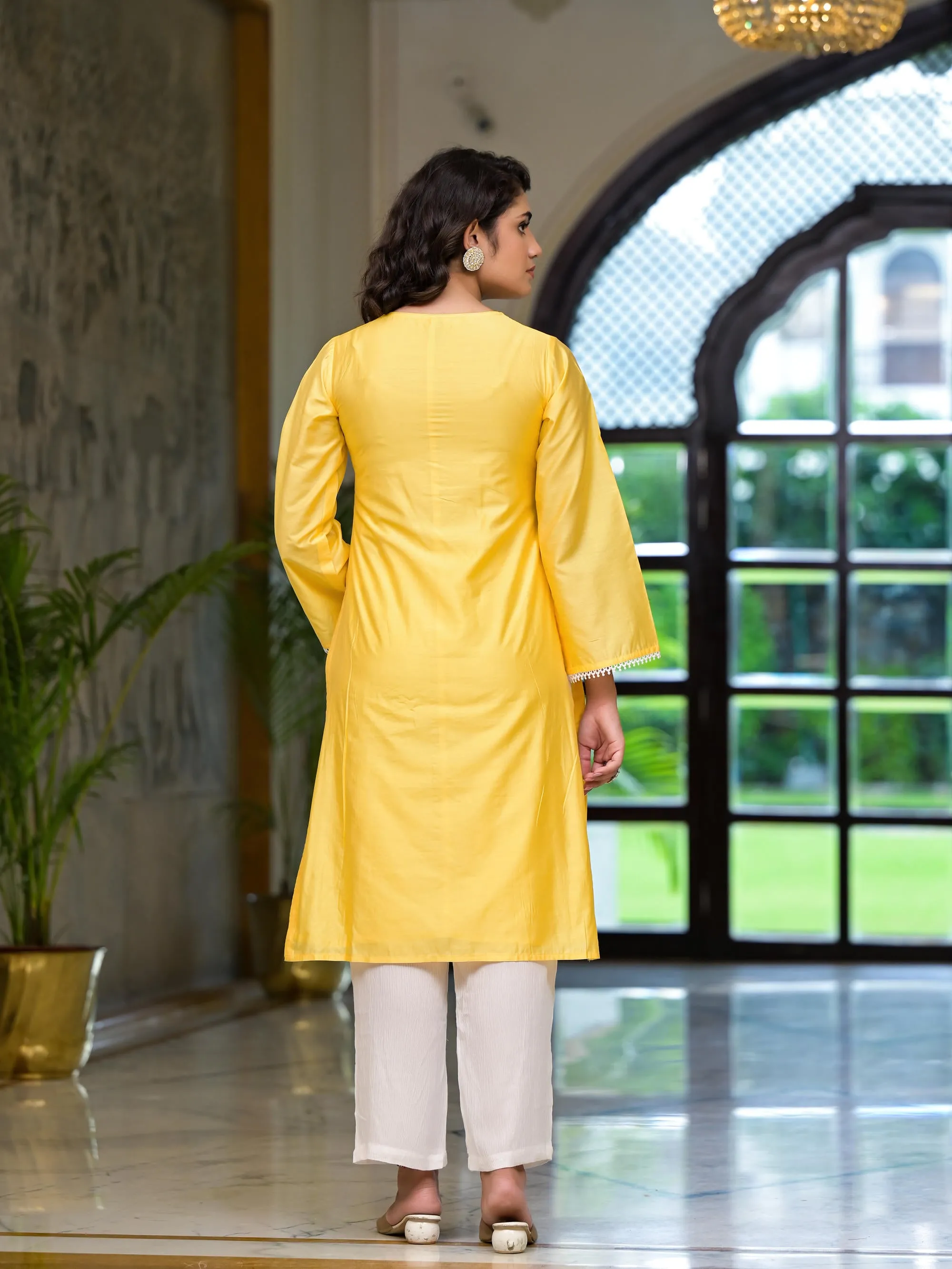 Yellow Thread Embroidered Viscose Kurta Palazzo And Dupatta Set With Thread & Mirror Work