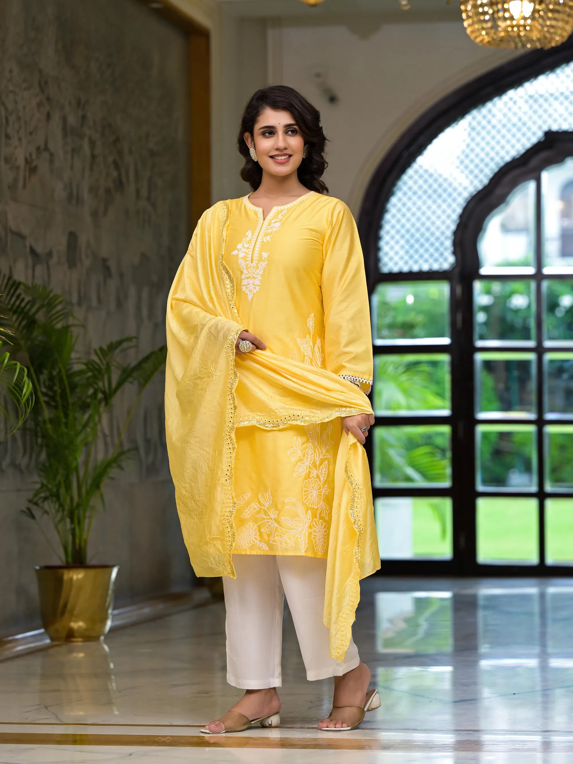 Yellow Thread Embroidered Viscose Kurta Palazzo And Dupatta Set With Thread & Mirror Work