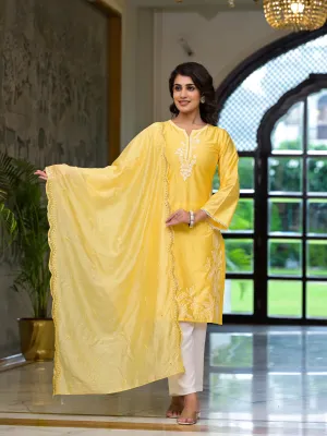 Yellow Thread Embroidered Viscose Kurta Palazzo And Dupatta Set With Thread & Mirror Work